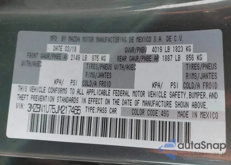 2018 Mazda Mazda3 Sport z USA, uszkodzony, nr VIN 3MZBN1U75JM217465